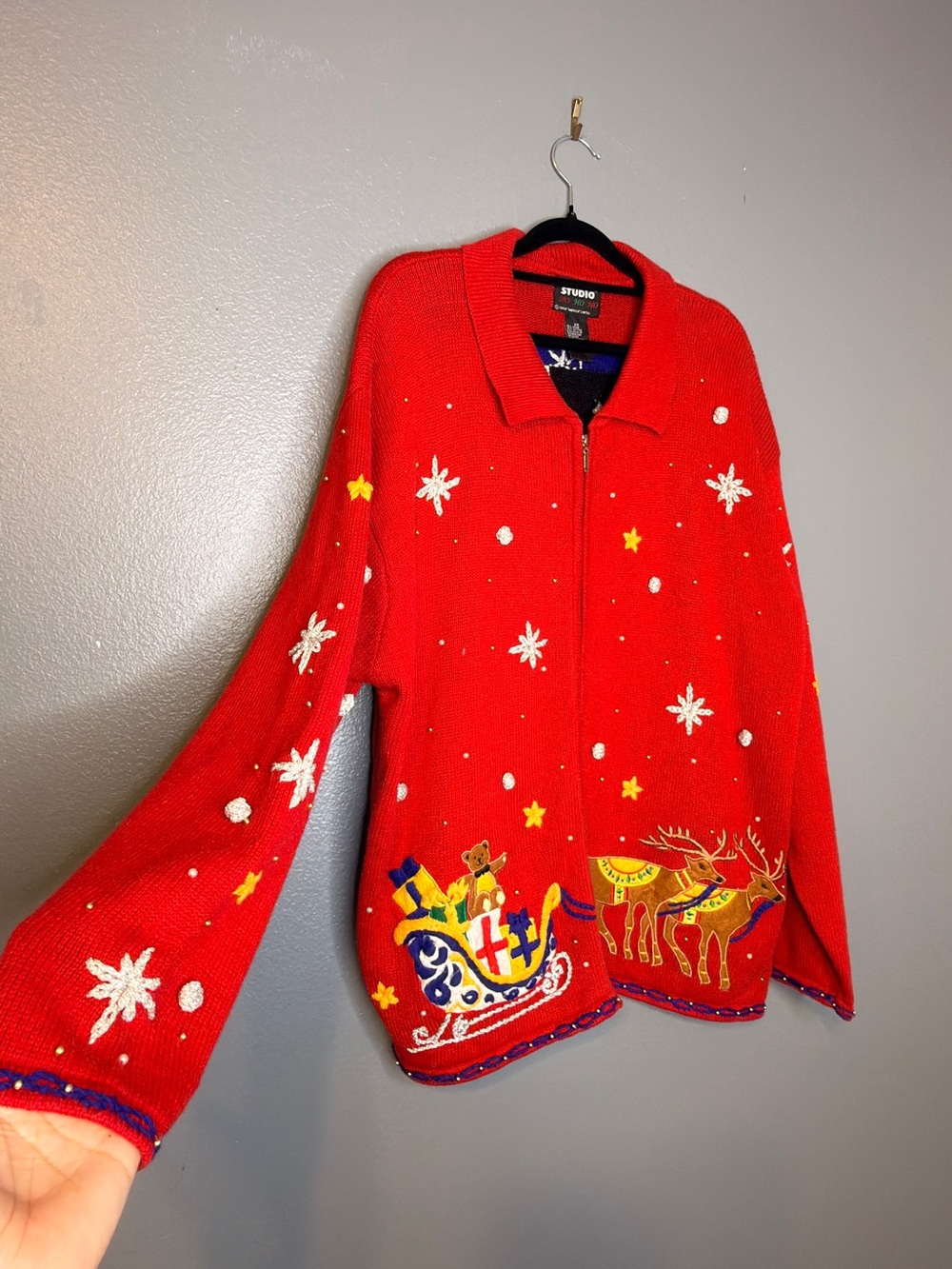 VTG Designer Studio Red Holiday Zip-Up Jacket with Embroidered Santa Reindeer 2x